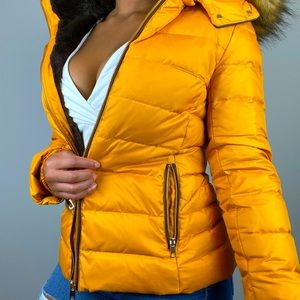 Zara Yellow Puffer Coat, Fur-lined